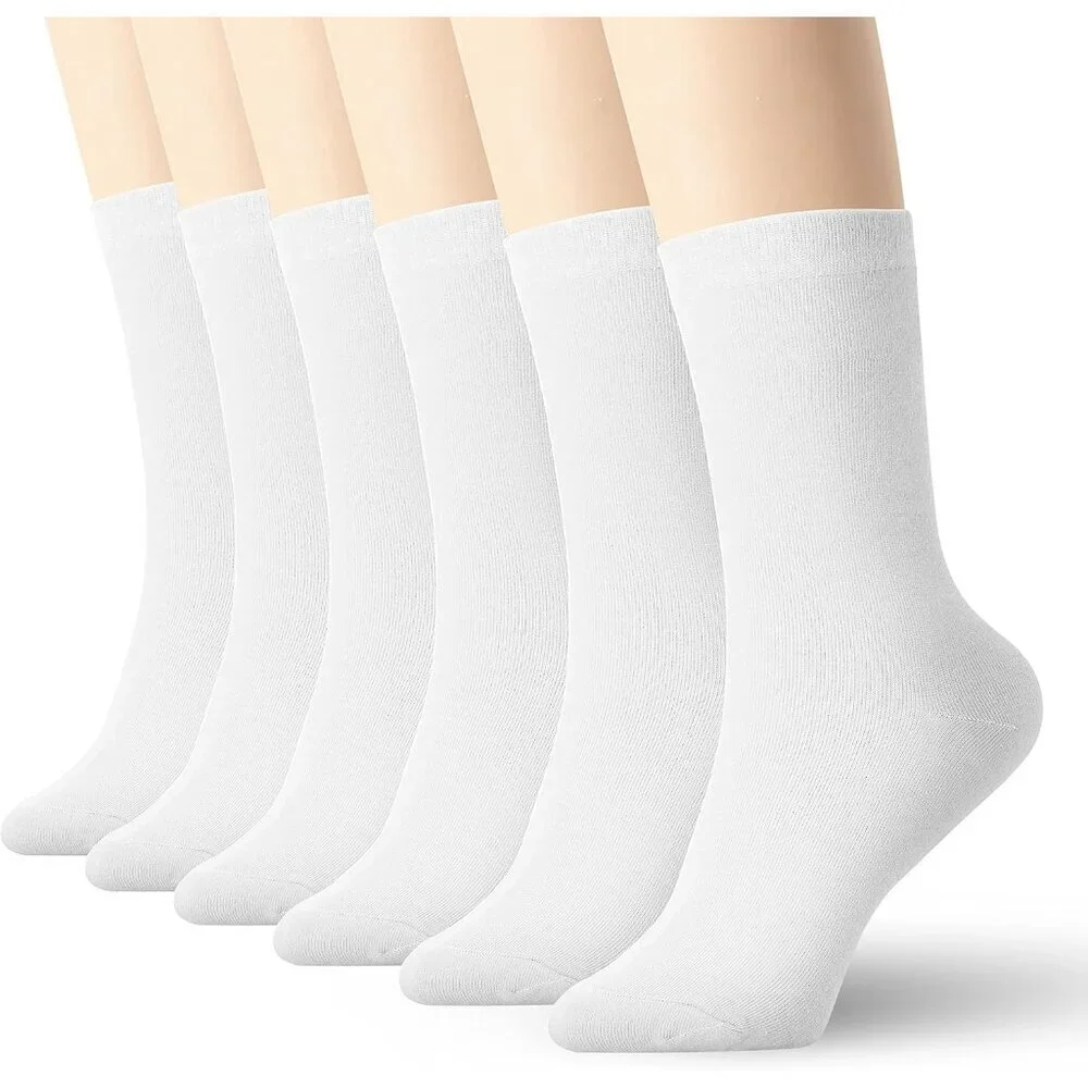 Women's White 6 Pairs Casual Cotton Crew Knit Imported Dress Socks
